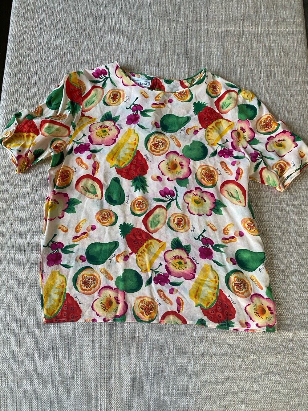 Silk Land Vintage Silk Top Multicolor Fruit Print Size M